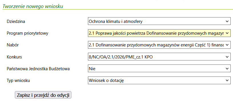 formularz tworzenia nowego wniosku