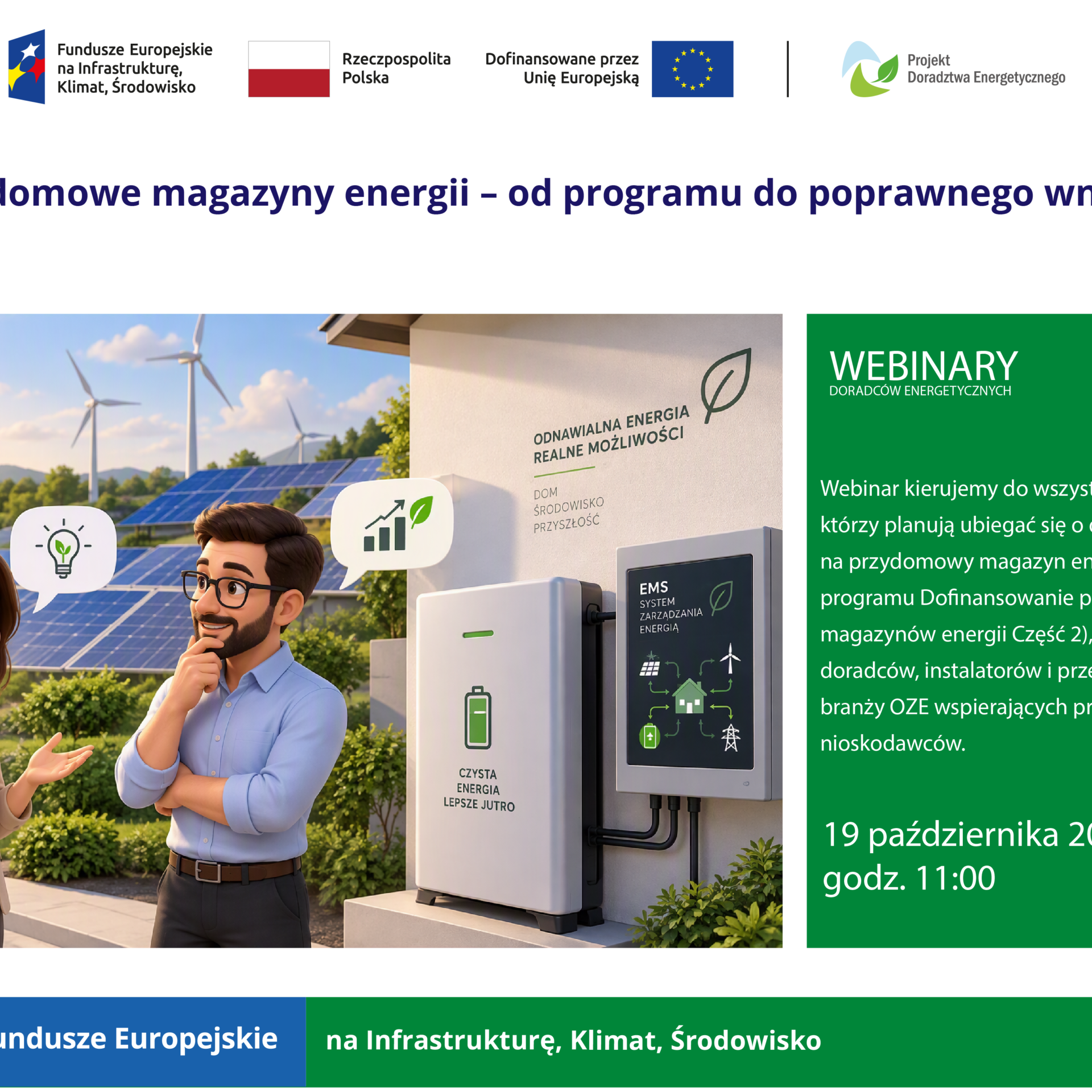Grafika do webinarium na temat domowych magazynów energii, które odbędzie się 19 października 2026 roku; przedstawia dwie osoby przyglądające się domowemu systemowi zarządzania energią, z panelami fotowoltaicznymi i turbinami wiatrowymi w tle.