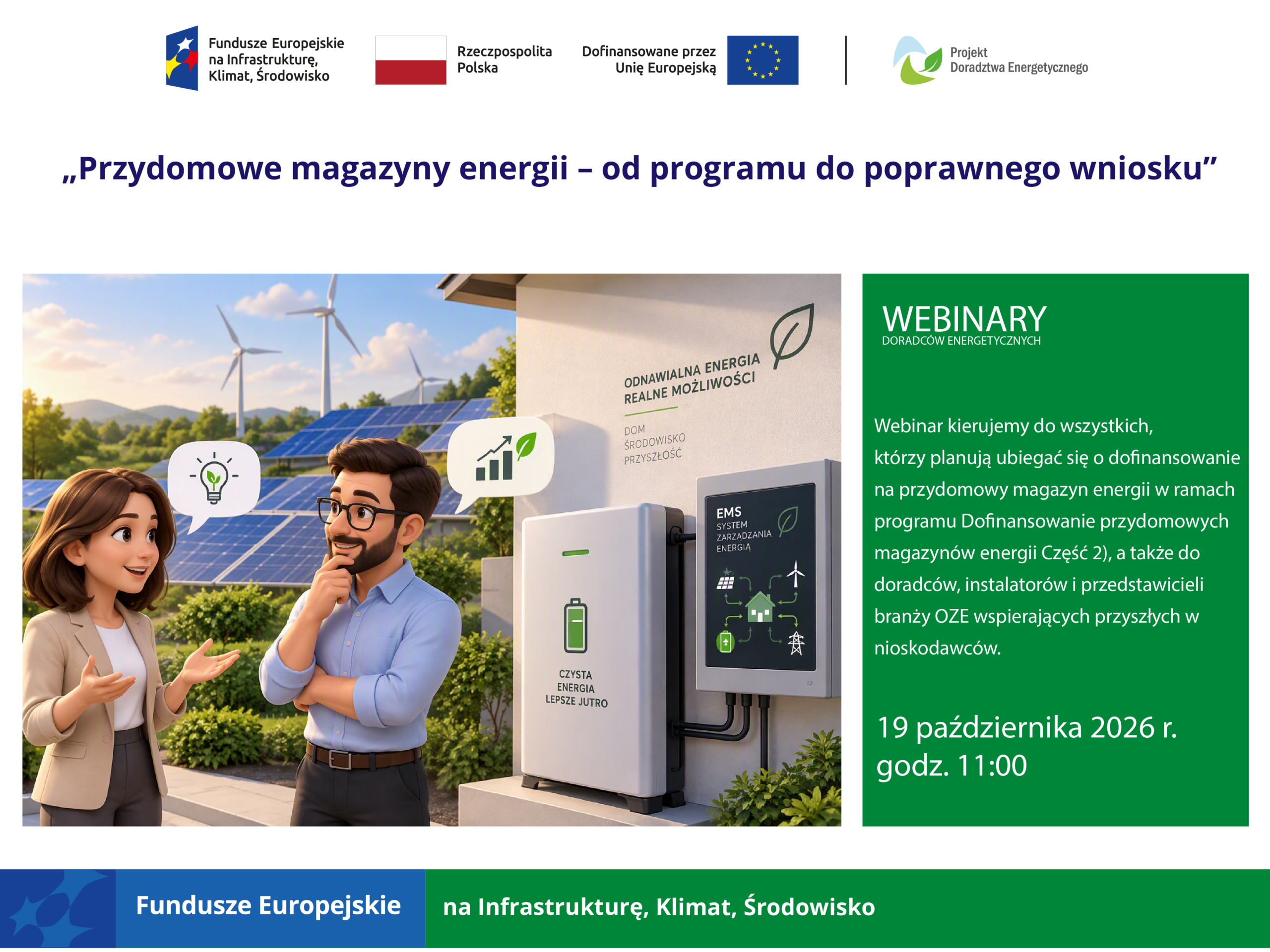 Grafika do webinarium na temat domowych magazynów energii, które odbędzie się 19 października 2026 roku; przedstawia dwie osoby przyglądające się domowemu systemowi zarządzania energią, z panelami fotowoltaicznymi i turbinami wiatrowymi w tle.